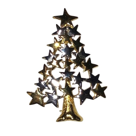 Christmas Tree Brooch Pin with Gold and Silver Stars - Picture 3 of 7